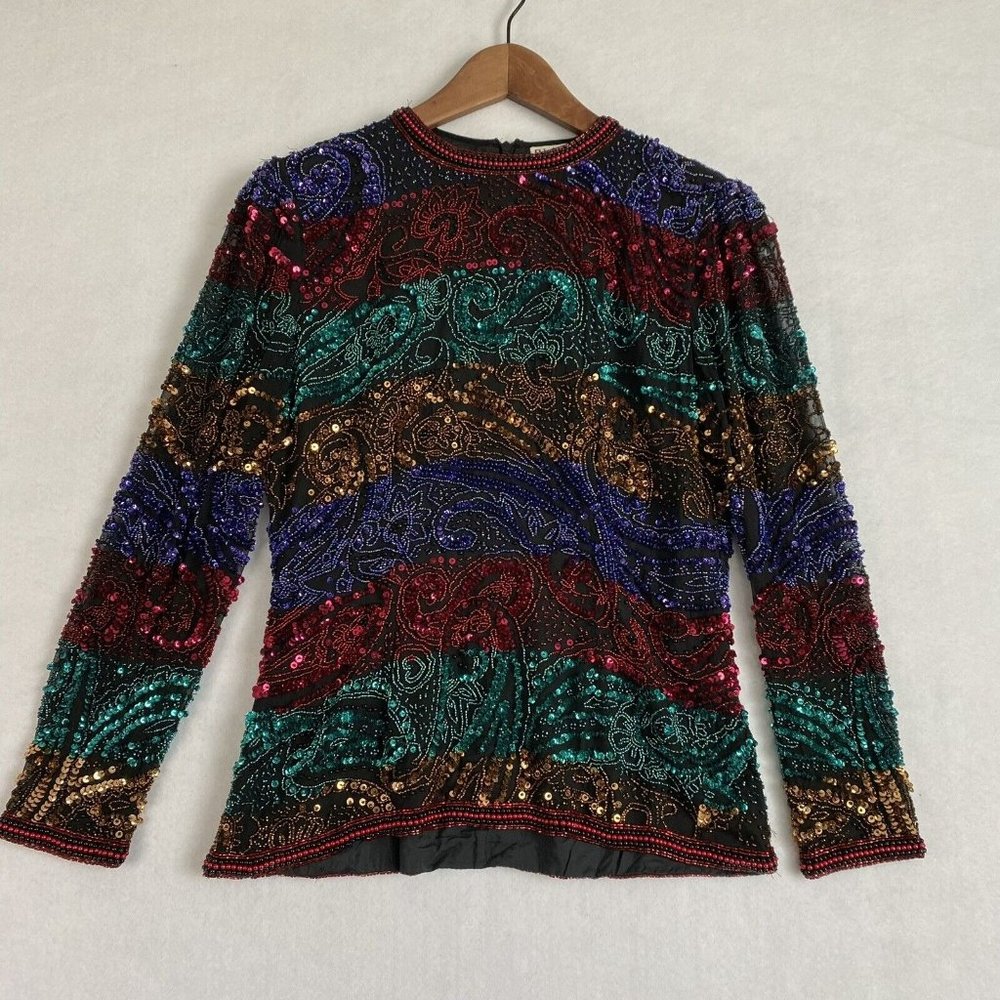 Vtg Oleg Cassini Black Tie Sequin Beaded Long Sleeve Evening Top Blouse Sz S EUC